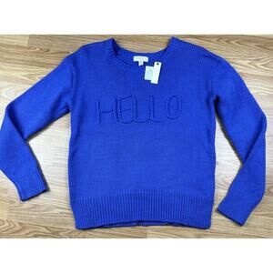 Cupio sweater Women’s Size Medium Knit Pullover Blue Spell Out “Hello” NEW